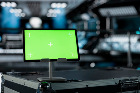 Close up of green screen mockup tablet in spacecraft on top of cargo container. Chroma key isolated screen device in futuristic spaceship during deep space mission operationsの写真素材
