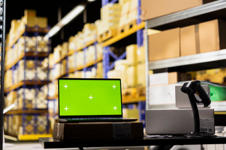 Modern warehouse facility featuring isolated workstation with chroma key display, surrounded by racks and delivery tools for e-commerce, order fulfillment and cargo boxes movement.の写真素材