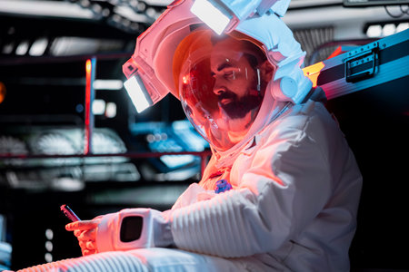 Astronaut looks at photos of loved ones on smartphone before losing consciousness, from low oxygen levels. Man looks at family pictures on phone, blacking out from environmental hazardの写真素材