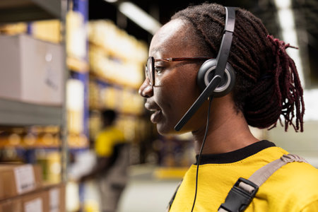 Call center staff member assisting clients in a storehouse depot, checking labels on packages on racks and shelves. Young adult resolving problems and delays related to delivery delays.の写真素材