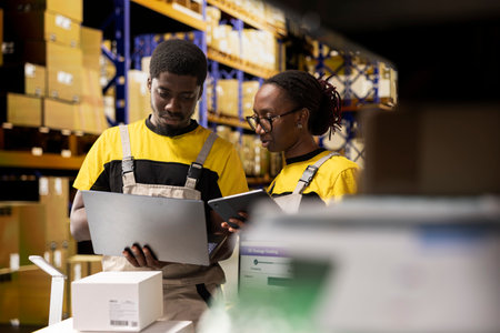 Warehouse workers overseeing parcels tracking info on laptop, preparing pallets for outbound shipment. Organized depot with storage racks, cardboard boxes and inventory processing tools.の写真素材