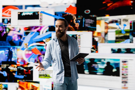 Young social influencer presenting a live discussion to a virtual audience, using visuals and user experience design to boost visibility and reach. Build brand voice in the digital online world.の写真素材