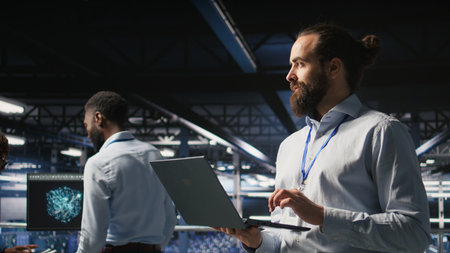 Data center admins monitoring artificial intelligence LLM visualization. Teamworking server room...