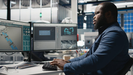 Male industry expert checks performance data in a solar panel factory, showcasing dedication to...