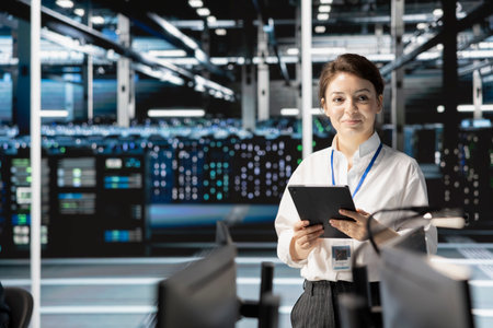 Smiling data center engineer programming diagnostic scripts on tablet, examining infrastructure....