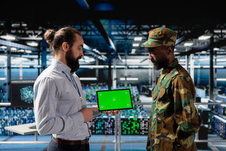 IT military engineering team using mockup display on tablet, working on national defense mission on...
