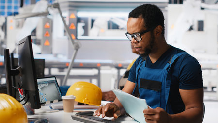 Black engineer implements automation logic in solar factory software, working on manufacturing solar...
