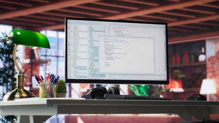 Organized desk ideal for writing binary code and analyzing data, stylish tech home office with...