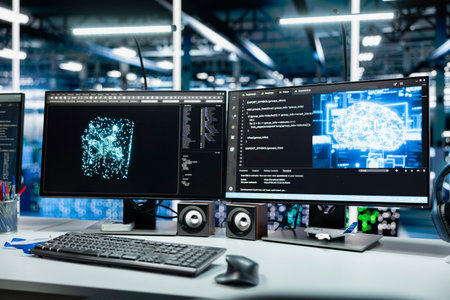 Close up of deep learning app running on PC monitors in data center with rows of operational server racks. Computer displays with artificial intelligence technology programsの写真素材