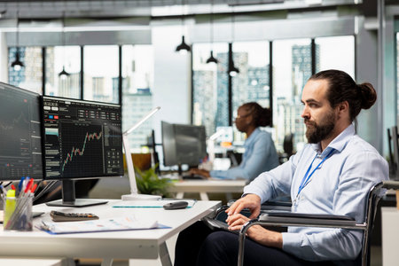 Day trader with disability in inclusive office buying and selling stocks. Prop firm employee with...