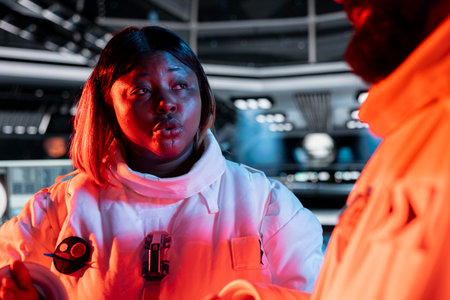 Cosmonauts doing brainstorming, reacting to red light alert flashing after asteroid impact threatening station hull. Astronauts monitor spaceship structural integrity to prevent critical failureの写真素材