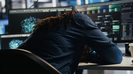 Data center engineer using algorithms to analyze datasets. Server hub developer working with AI neural networks, camera Bの写真素材