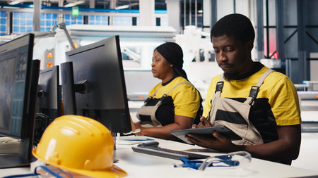 Black engineer develops power optimization models in solar panel production, working on PC software...