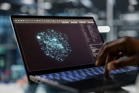 Close up of data center technician using laptop, running AI forecasting simulations, tracking performance. Server hub IT specialist uses notebook to integrate artificial intelligence API into softwareの写真素材
