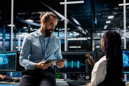 Data center manager and intern adjusting AI model parameters to upgrade systems. Server room IT team...