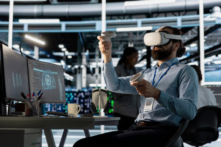 Data center worker wearing VR headset using artificial intelligence neural networks technology....