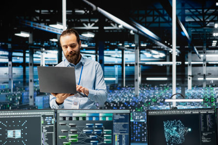 Engineer in data center configuring hardware specifically optimized for AI tasks, increasing...