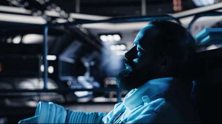 Unhappy cosmonaut sighs, having mental health affected by prolonged solitude. Depressed astronaut...