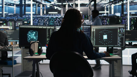 Server room programmer interpreting AI generated data analytics graphs, putting on headphones. Data...