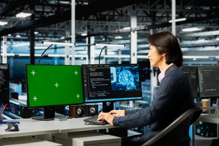 Server farm IT professional using green screen PC, deploying deep learning tools to automate...