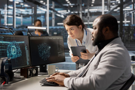 Manager supervising programmer in data center using AI powered tech to run simulations. Supervisor...