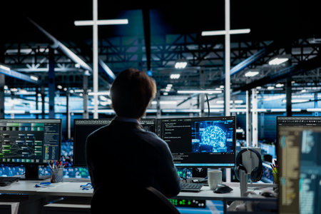 Server room IT worker deploying AI tools to automate repetitive workflows. Data center programmer...