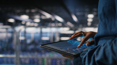 Close up of data center engineer using tablet, doing maintenance on rigs handling AI processing...