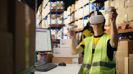 Asian man uses virtual reality headset and tracking software near industrial storage racks, processing orders. VR device to update tracking info on parcels, artificial intelligence. Camera A.の写真素材