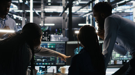 Server hub engineering team working together, using node tree software to optimize system health....