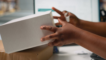 Black woman packing goods and applying shipping labels on boxes, creating awb tracking numbers on...