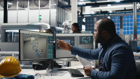 Black alternative energy consultant handling operations in a solar tech plant, ensuring factory...
