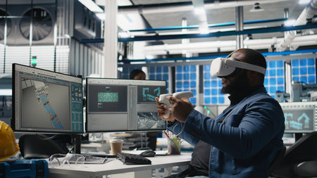 Black photovoltaics factory expert uses VR glasses to assembly digital solar cells, working with robotic arms for solar panels placement. Engineer uses machinery with virtual reality. Camera A.の写真素材