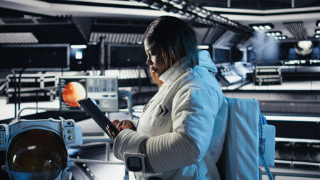 Female astronaut using tablet to check space station analytics after completing surface mission on...