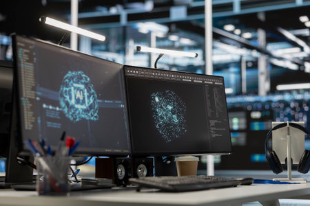 Computer screens monitoring data center hardware delivering computing power for AI training models...