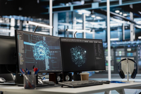 AI research workstation with monitors showing neural network visualizations and code analysis tools. Computers in high tech data center supporting machine learning operationsの写真素材
