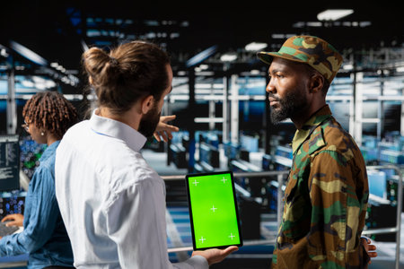 Army tech soldier and engineers using green screen on tablet, troubleshooting computer systems for a national defense military mission. Officer and server farm admins on industrial platform.の写真素材