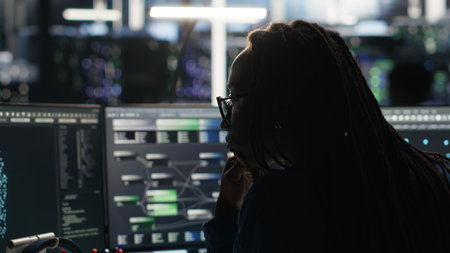 Data center computer scientist using node tree software to analyze datasets. Server farm IT worker using visual programming to improve infrastructure performance, camera Bの写真素材