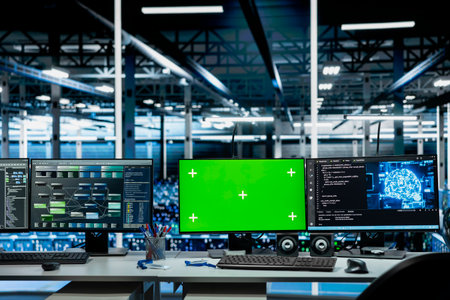 AI app interface on mockup green screen PCs in data center with rigs hosting cloud services. Chroma...