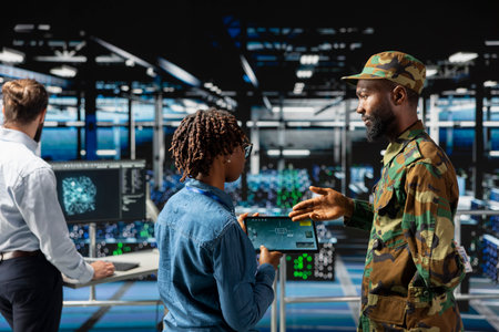 Military technicians in data center reviewing drone surveillance footage on laptop screen. Army unit officer in high tech server farm doing battlefield reconnaissance operations via drone control.の写真素材