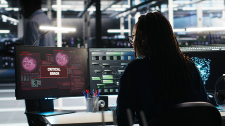 Data center worker concerned by critical error in artificial intelligence tool showing system metrics, camera Bの写真素材