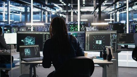 Server farm software developer interprets AI generated data analytics graphs. Data center specialist using artificial intelligence program showing predictive system metrics, camera Aの写真素材