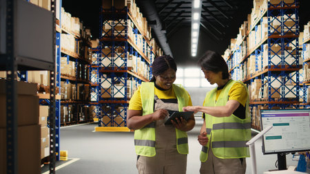 African american and asian people managing online orders and airway bills, checking the inventory before preparing the products in packages. Large business retail operations. Camera A.の写真素材