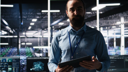 Data center system administrator showcasing supercomputers gear and AI technology, filming presentation tour. Server room IT expert presenting artificial intelligence neural networks tech, camera Aの写真素材