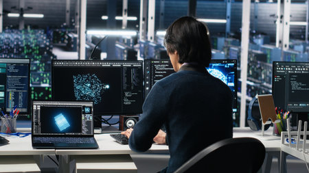 Programmer entering server room office, using AI to review infrastructure diagnostics. IT admin in...