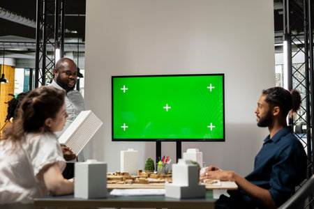 Diverse engineering staff study zoning regulations next to green screen on TV, city planning residential construction for urban development during briefing session. Property investment.の写真素材