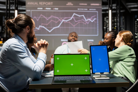 Corporate team participate in late night advisory board session with mockup, planning strategy,...