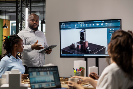 Black contractor reviewing architectural software and 3D models with his team in office, successful residential project for urban development. Smart city housing for infrastructure growth.の写真素材