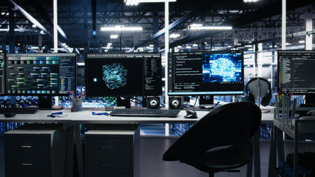 Computer systems in data center managing network resources using artificial intelligence tech. PC equipment with visual programming tools enabling efficient data processing and storageの写真素材