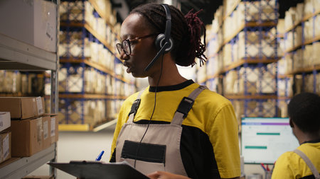 African american worker processing merchandise for business logistics system, busy warehouse space with industrial racks. Shipping protocols in online retail fulfillment center. Camera A.の写真素材