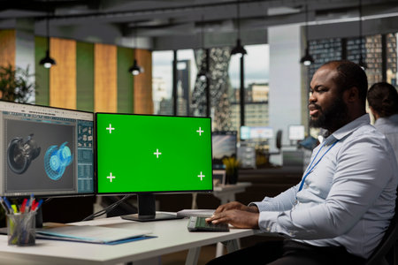Worker reviews turbine data on chroma key computer to save energy and lower costs. Sustainability expert in office using isolated screen PC to evaluate turbine environmental impactの写真素材